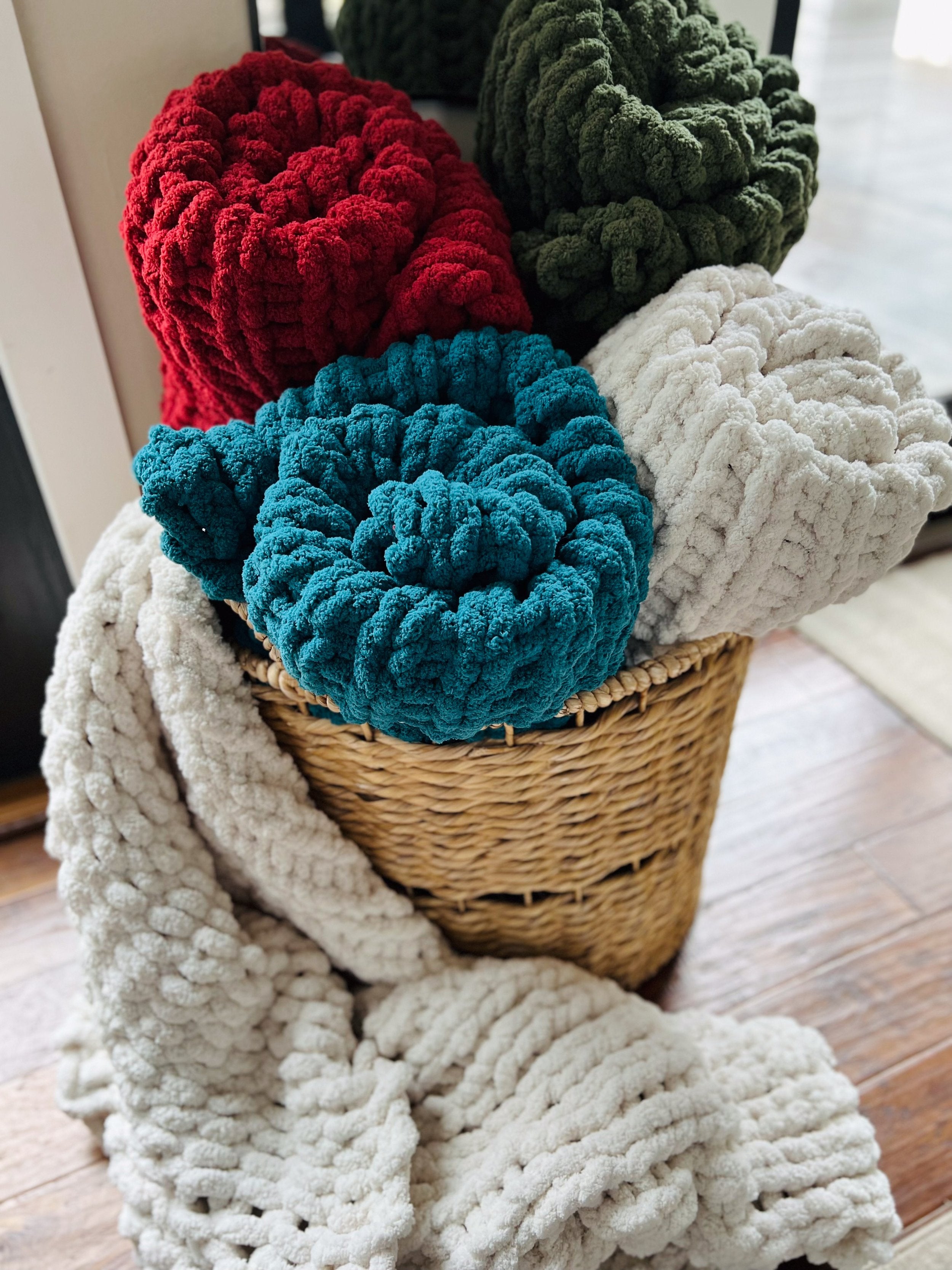 Basket of Large Knit Blankets