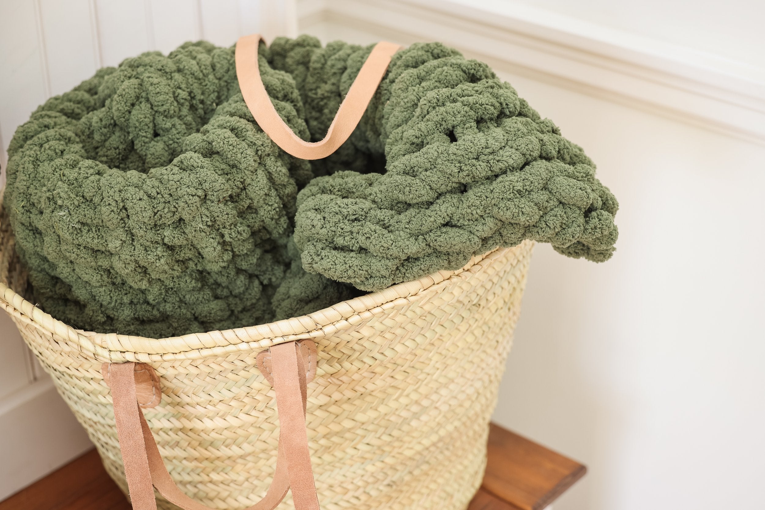 Olive Large Knit Blanket in Basket