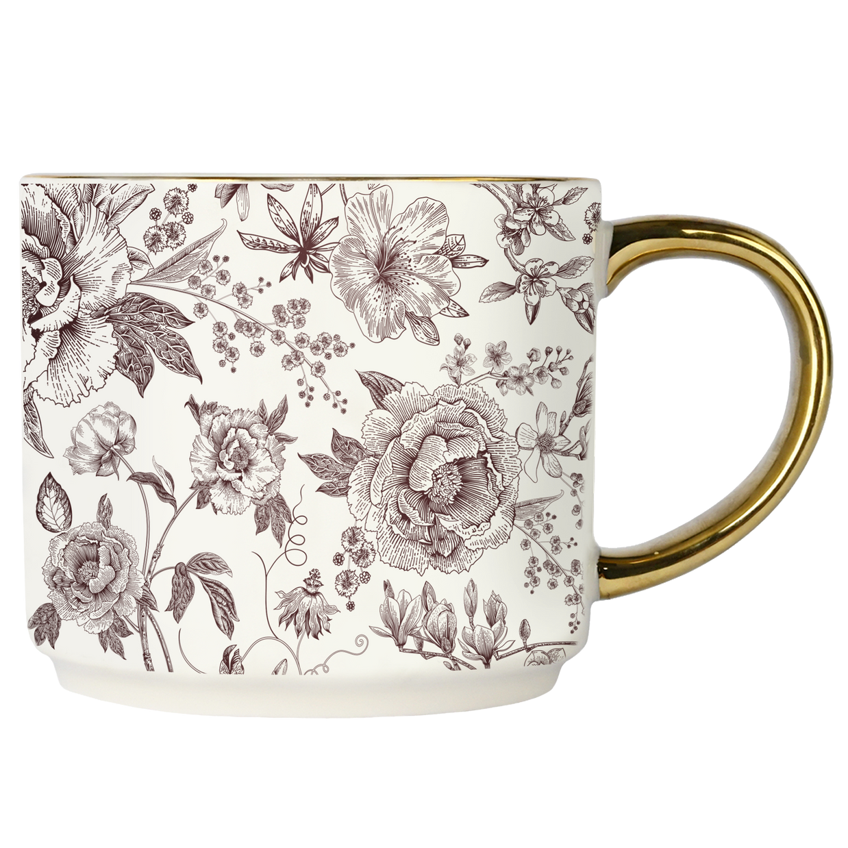 Mug with floral pattern and gold handle on a white background
