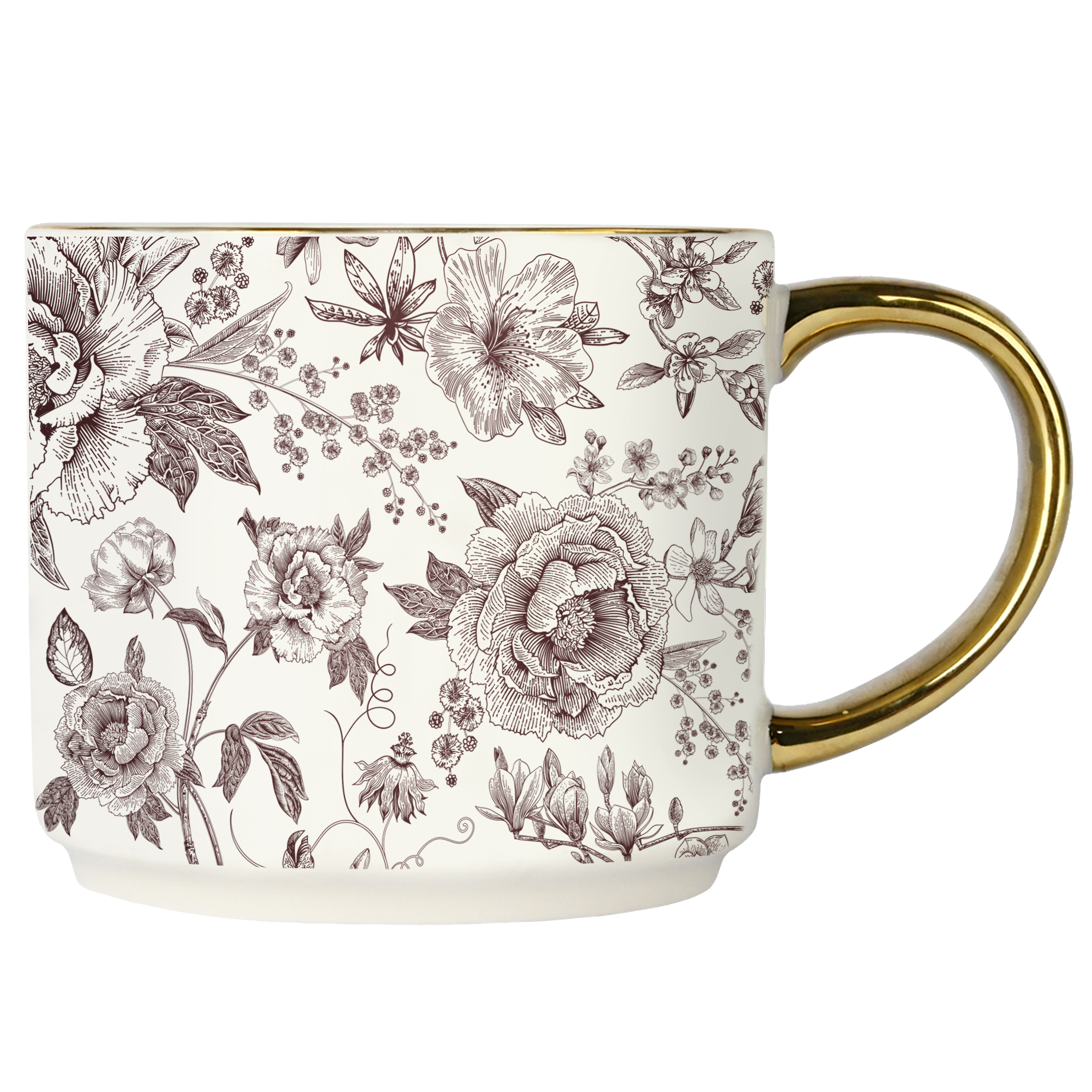 Mug with floral pattern and gold handle on a white background