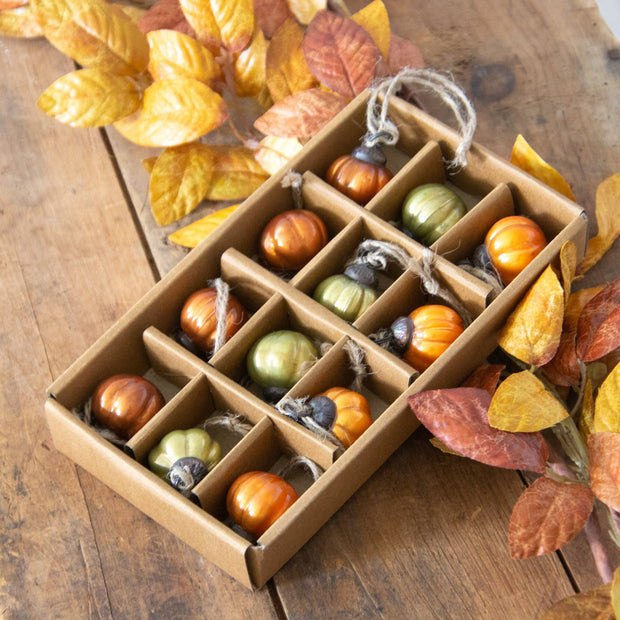 Box of small pumpkins and gourds with autumn leaves on a wooden surface
