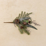 Decorative arrangement of greenery and pinecones on a beige background