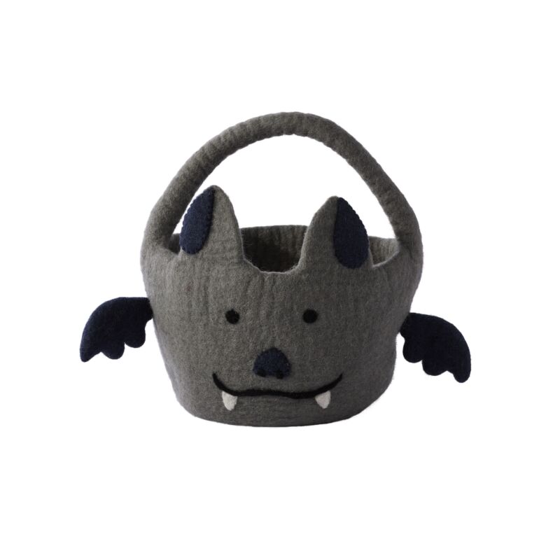 Gray basket with bat design on a white background