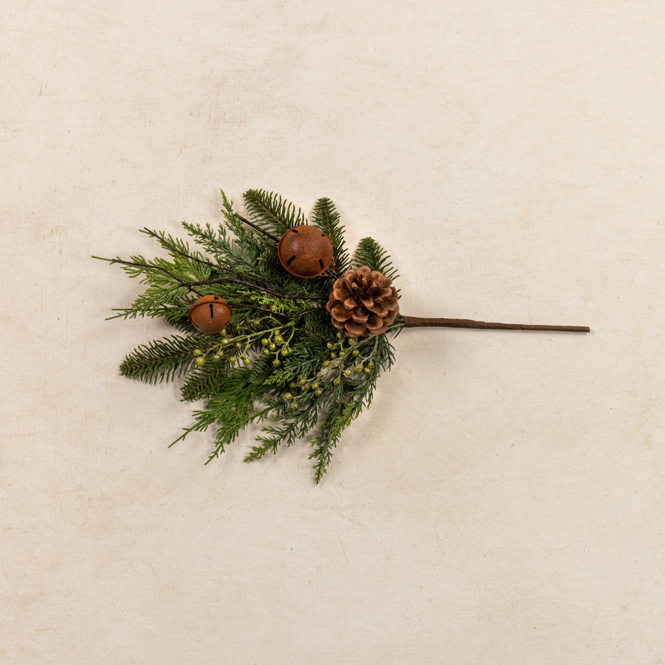 Decorative arrangement of greenery and pinecones on a beige background