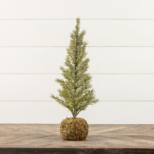Small artificial Christmas tree on a wooden surface with a white wooden panel background