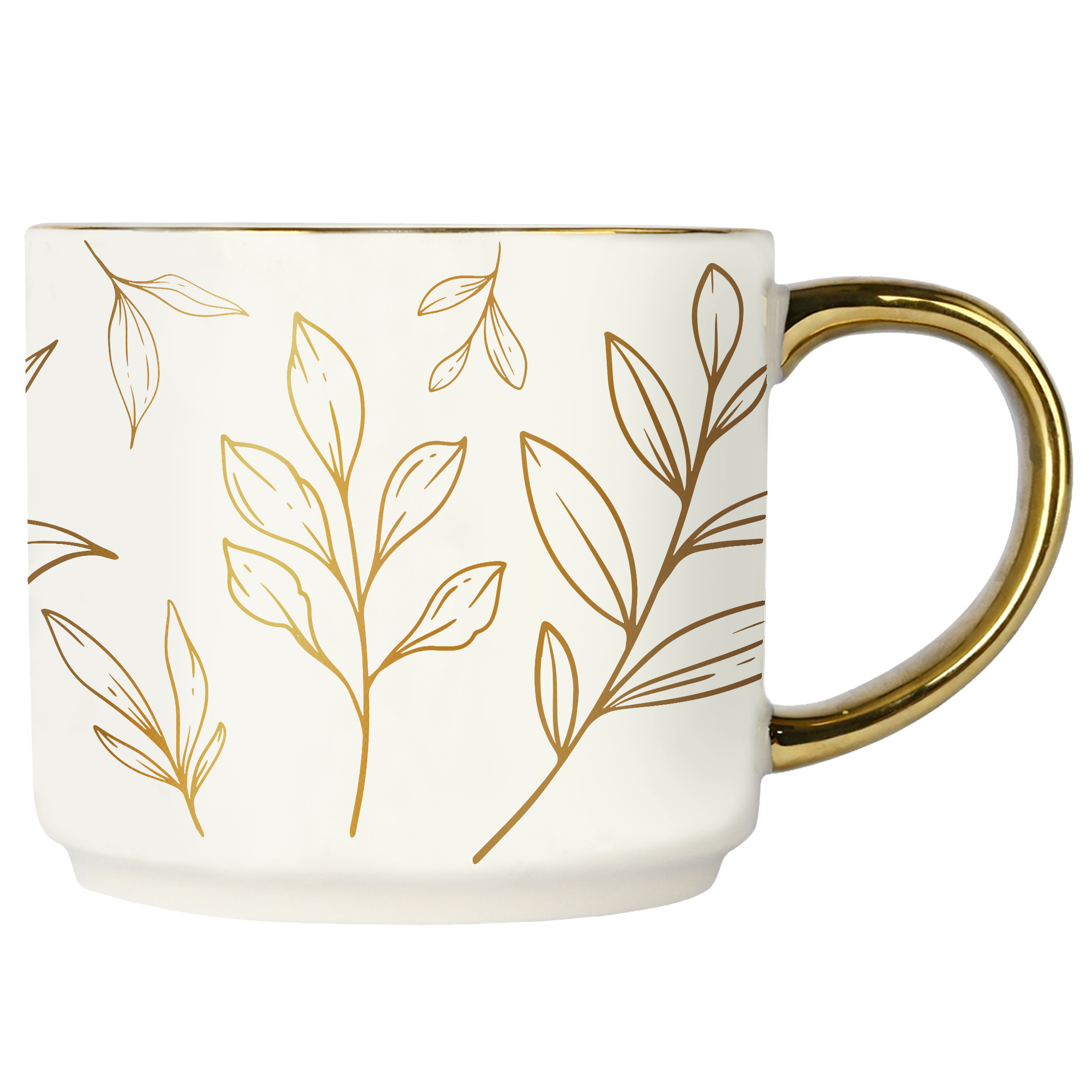White mug with gold leaf patterns and a gold handle on a white background