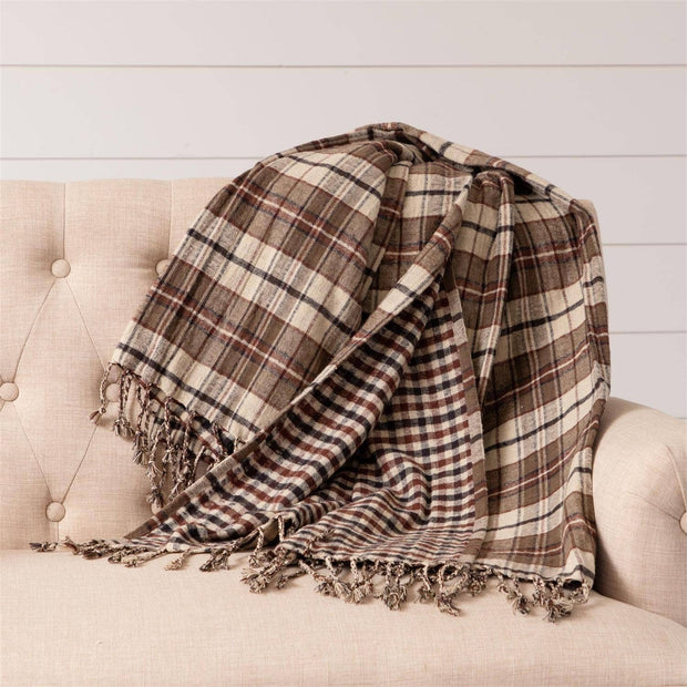 Plaid blanket with tassels draped over a beige sofa against a white wall.