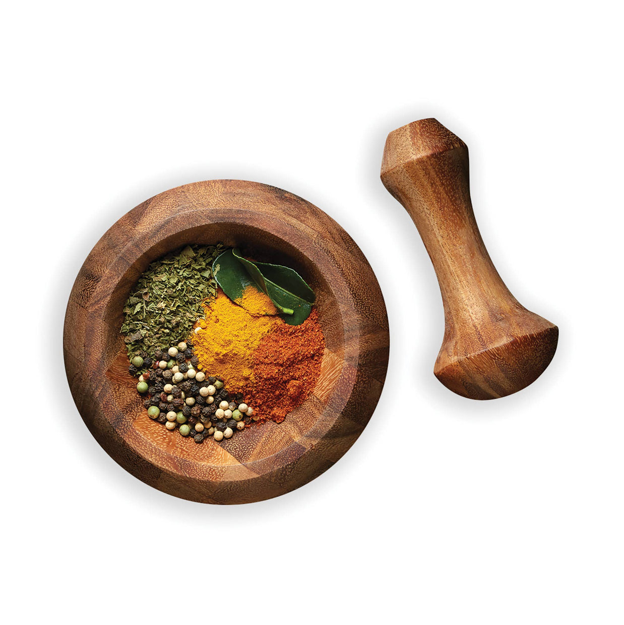 Wooden mortar and pestle with spices on a white background