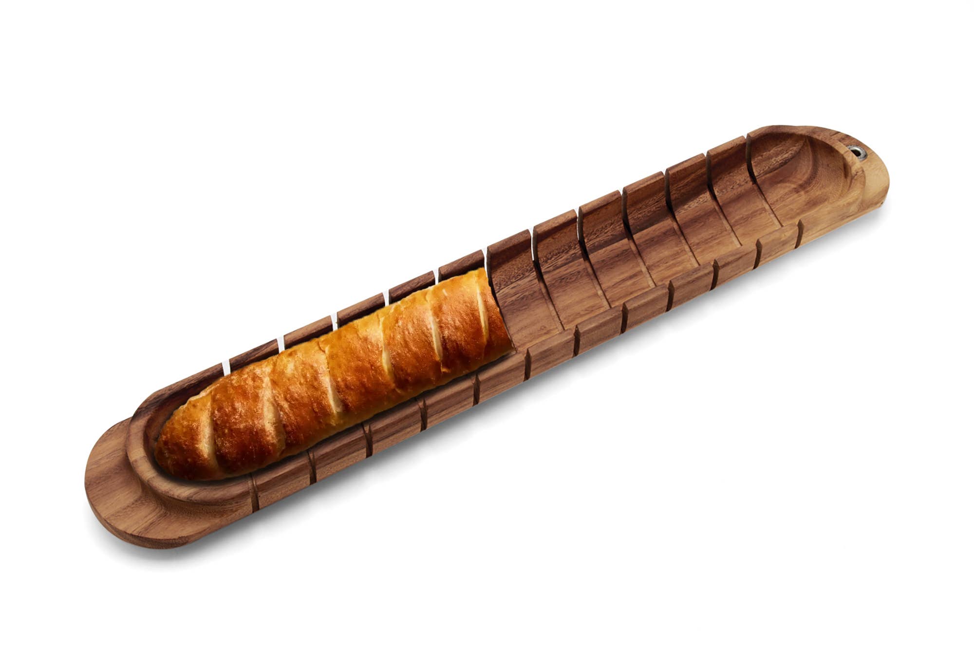 Wooden bread carrier with a loaf of bread on a white background