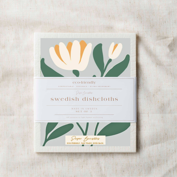 Set of 3 Swedish Dishcloth: Growing Three White Flowers