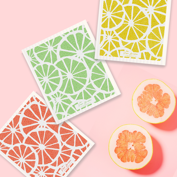 Set of 3 Swedish Dishcloth: Orange Yellow Green Citrus Fruit