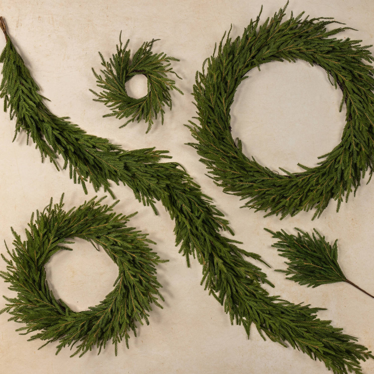 Set of green wreaths and branches on a textured beige background