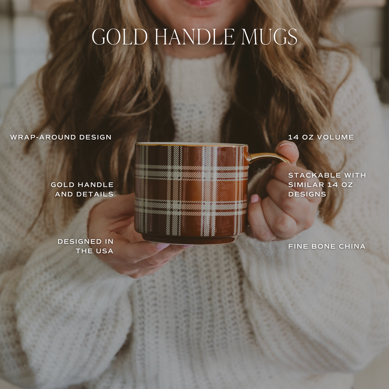 Person holding a plaid mug with gold handle, text detailing mug features.