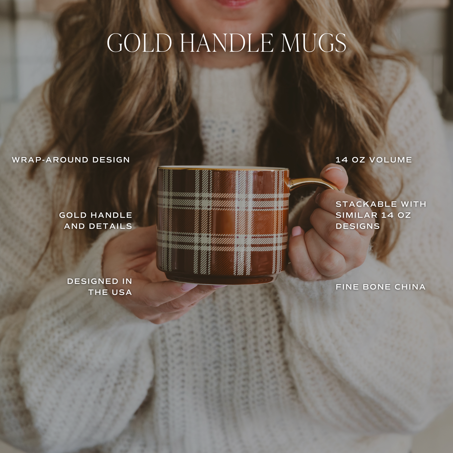 Person holding a plaid mug with gold handle, text detailing mug features.