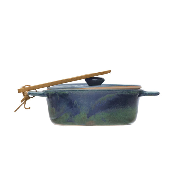 Blue Stoneware Brie Baker with Bamboo Spreader