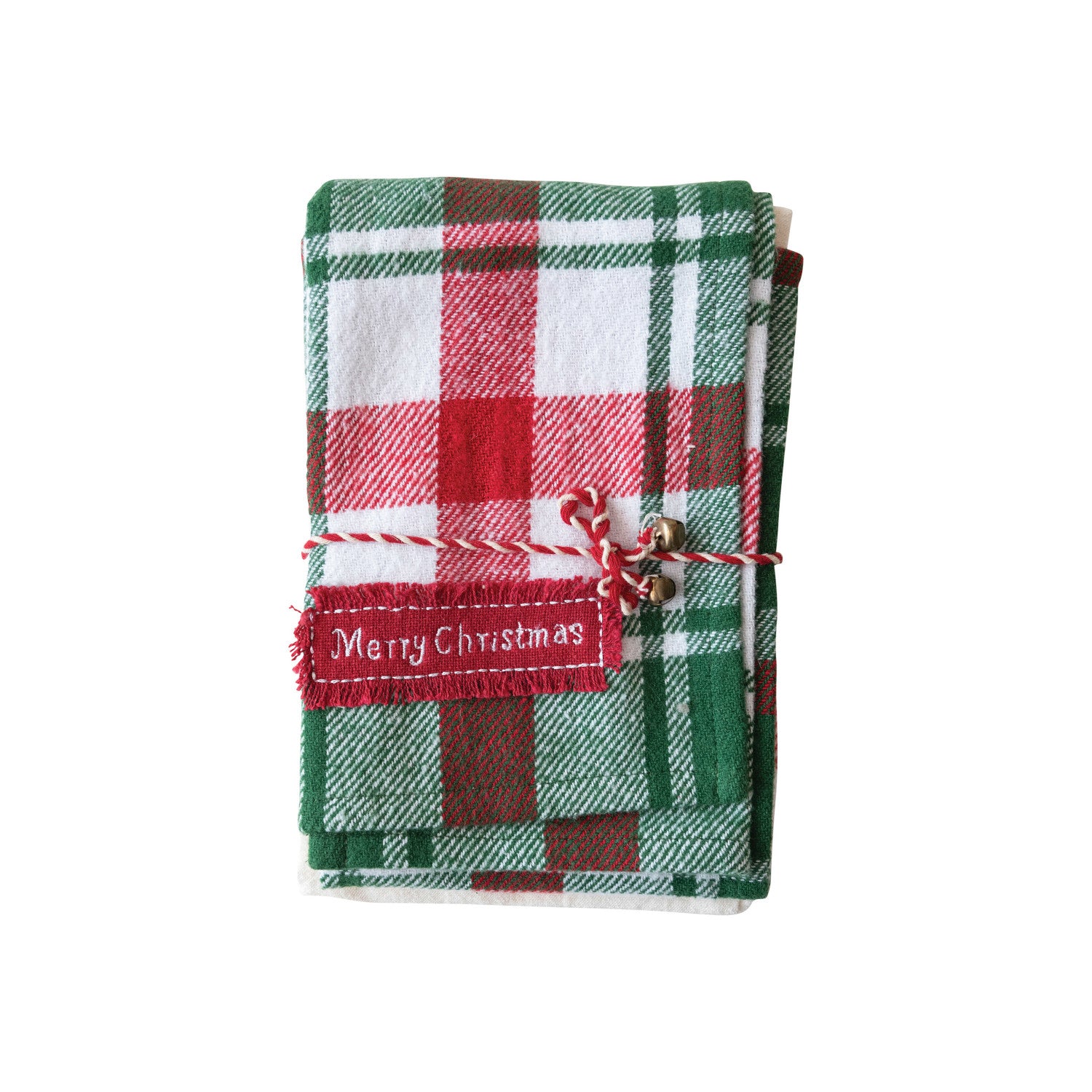 Plaid fabric with 'Merry Christmas' tag on a white background