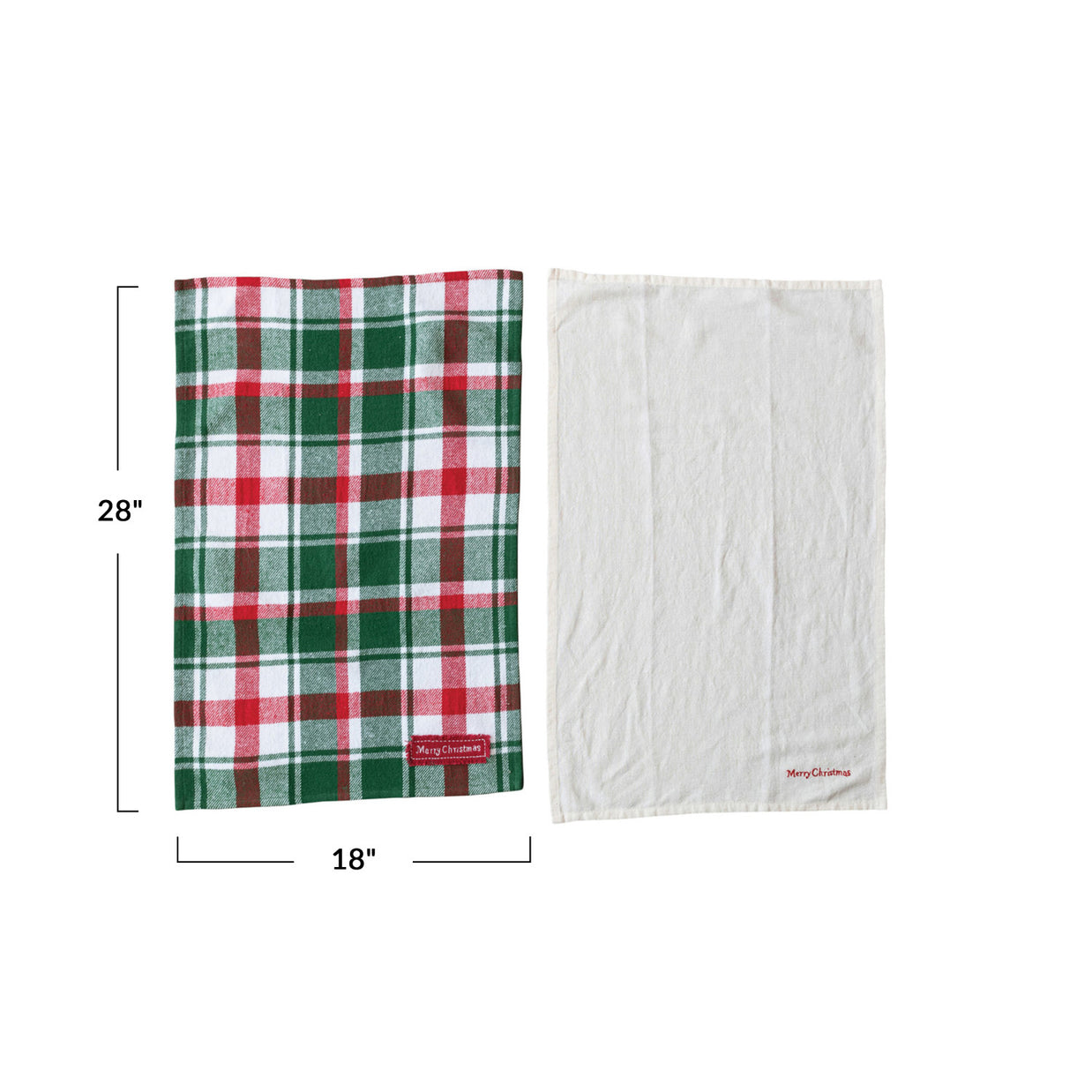 Two towels, one plaid and one white, with dimensions displayed on a white background.