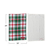 Two towels, one plaid and one white, with dimensions displayed on a white background.