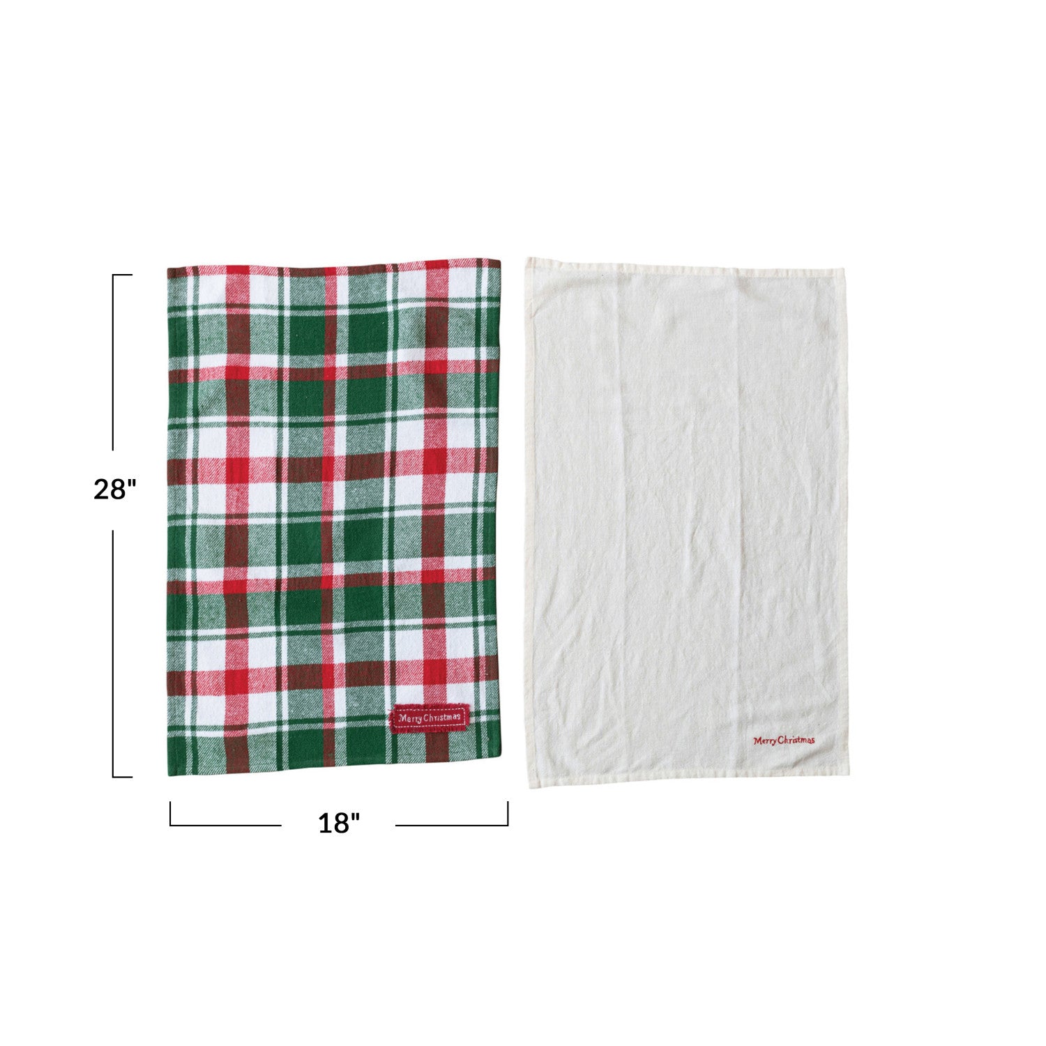 Two towels, one plaid and one white, with dimensions displayed on a white background.