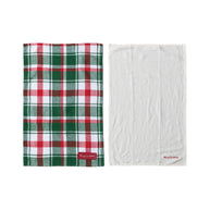 Two plaid blankets, one green and red plaid and one white, on a white background.