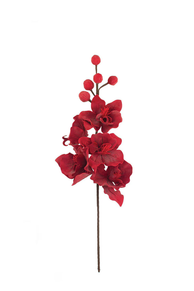 Red artificial flower arrangement on a white background