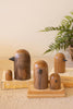 Wooden bird figurines on a wooden stand with a plant in the background