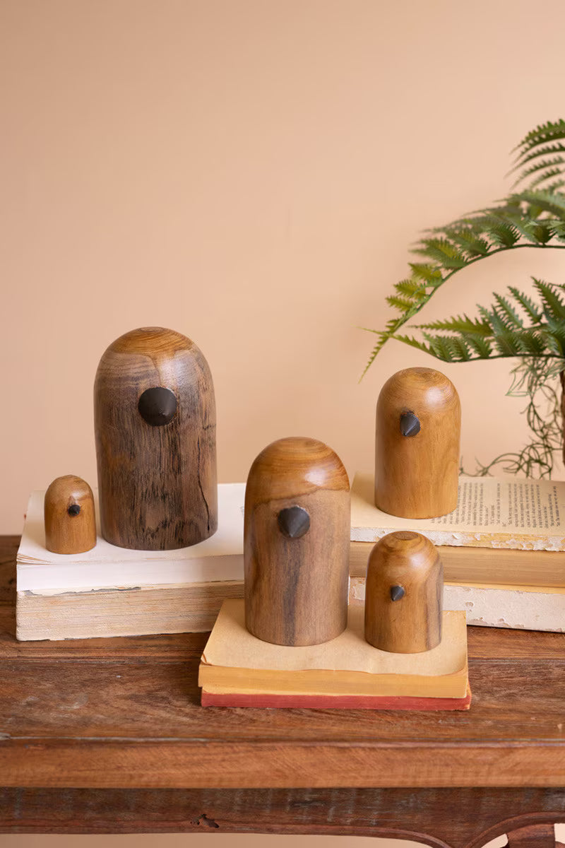 Set of wooden bird figurines on a wooden surface with a plant in the background