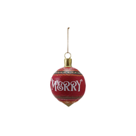 Red Paper Mache ornament with Merry written in white letters. 