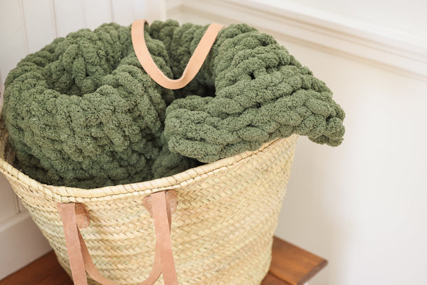 Olive Large Knit Blanket in Basket