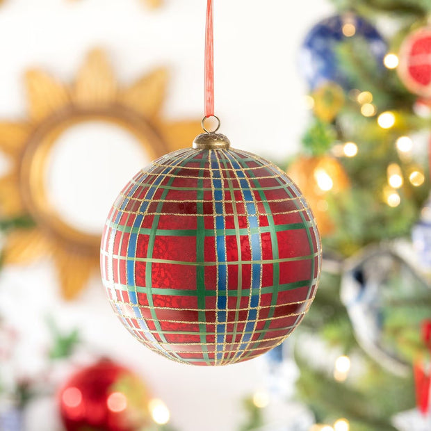 Hand Painted Plaid Glass Ball Ornament, 6"
