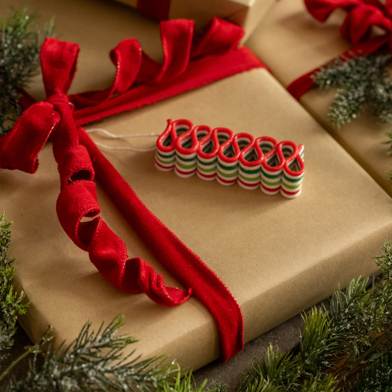 Gift wrapped in brown paper with a red ribbon, surrounded by greenery.
