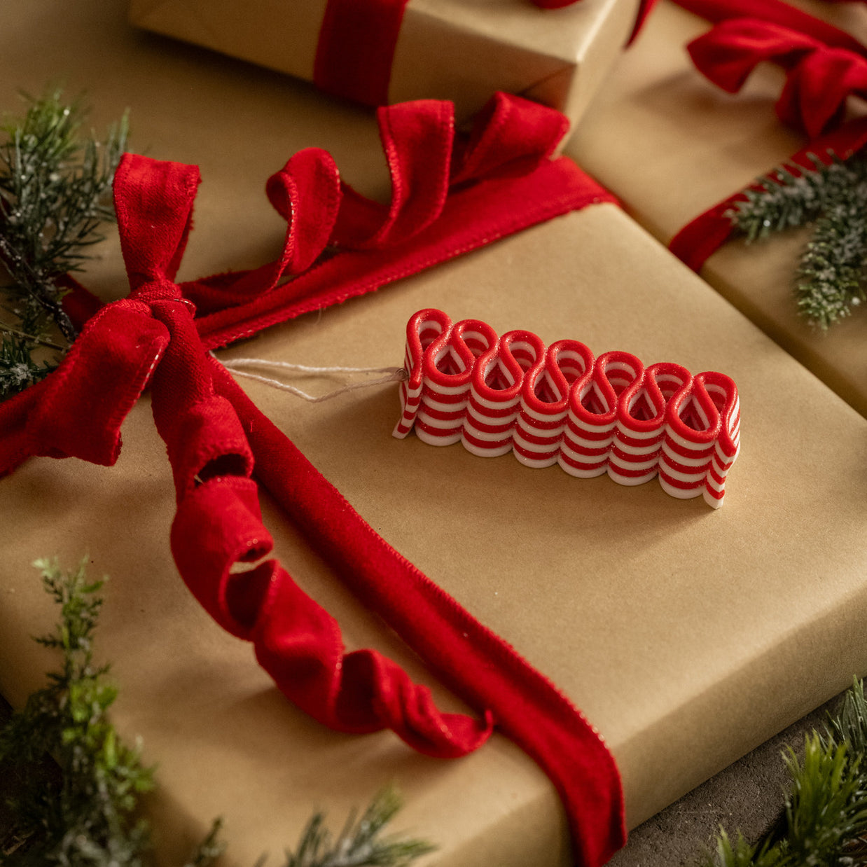 Gift wrapped in brown paper with a red ribbon, surrounded by greenery.
