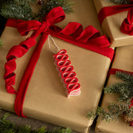 Gift wrapped in brown paper with a red ribbon, surrounded by greenery.