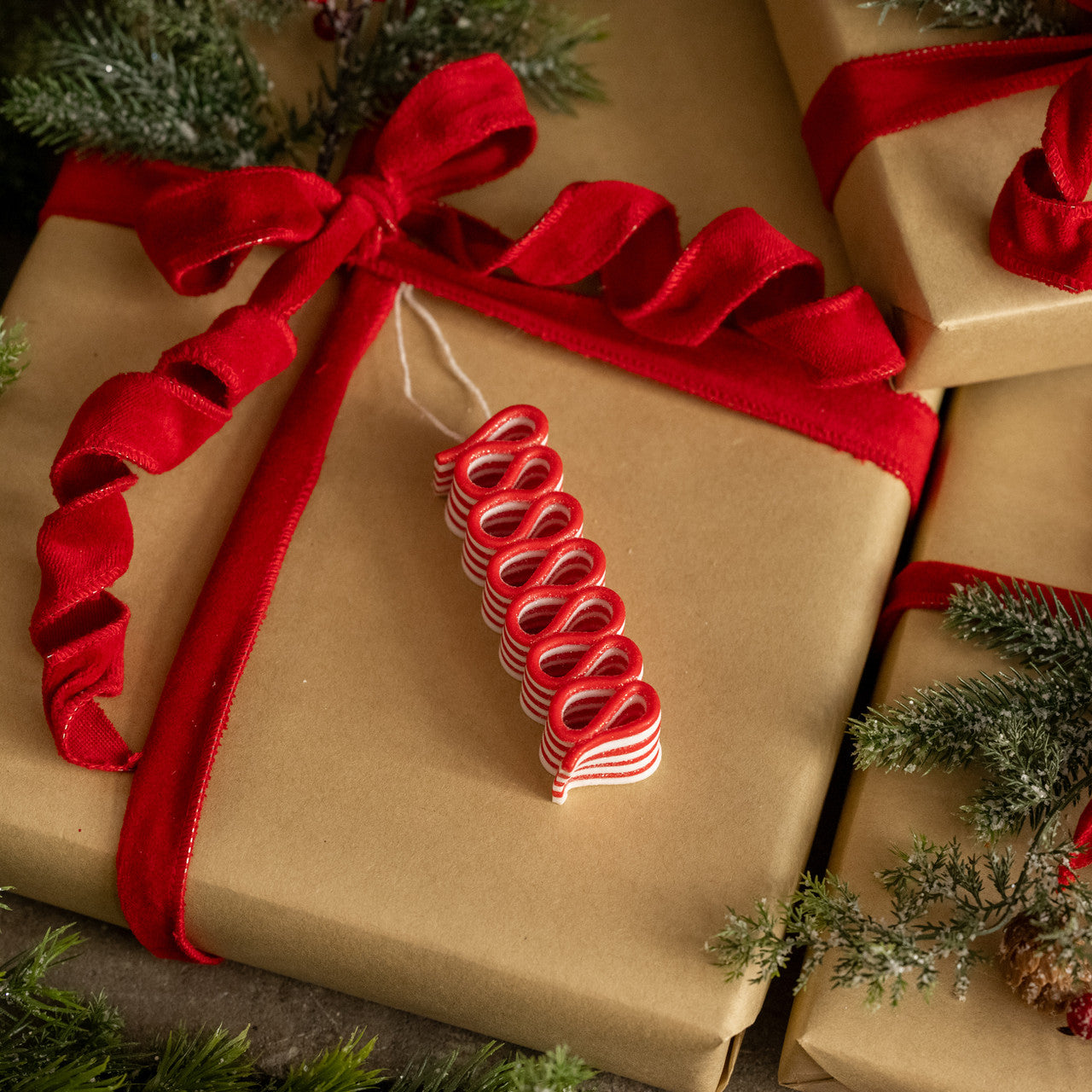 Gift wrapped in brown paper with a red ribbon, surrounded by greenery.