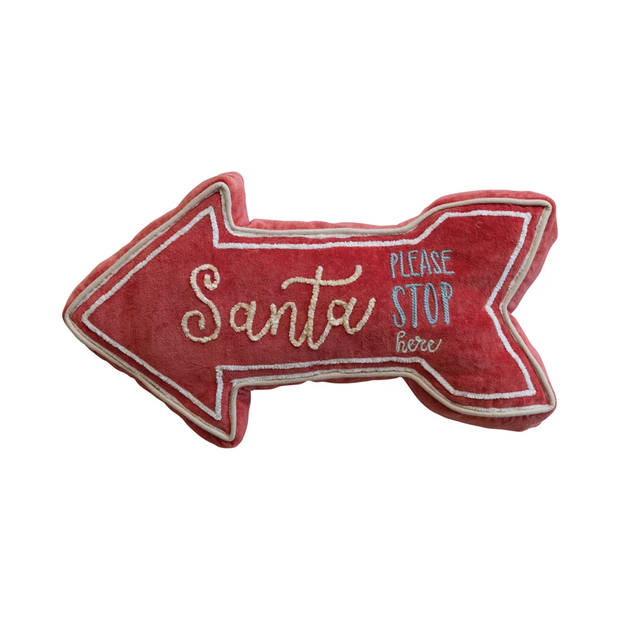 Red arrow-shaped sign with 'Santa Please Stop Here' text on a white background