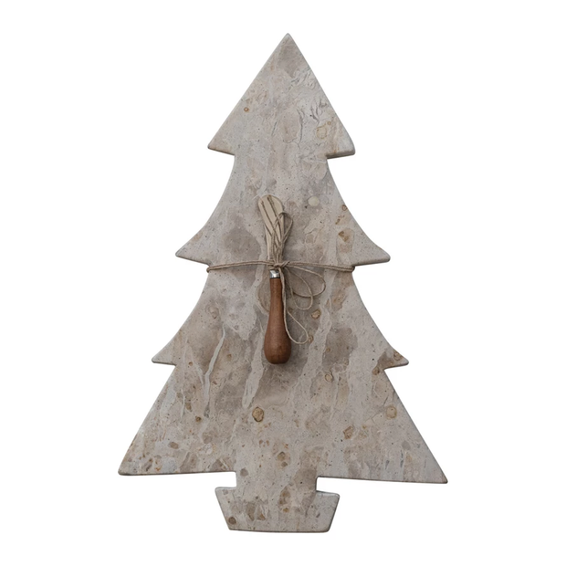 Decorative metal Christmas tree with a wooden ornament on a white background