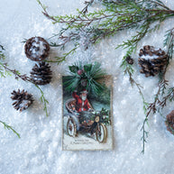 Vintage-style Christmas card with Santa Claus in a sleigh surrounded by pine cones and branches on a snowy background.