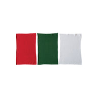 Three rectangular fabric samples in red, green, and white on a white background