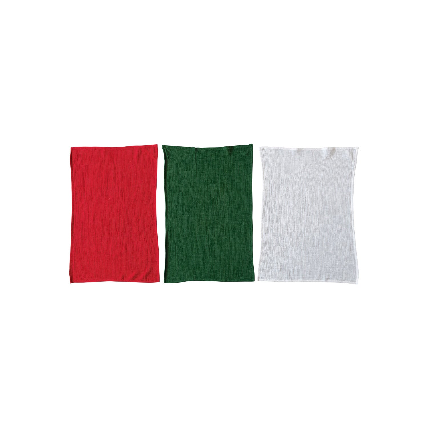 Three rectangular fabric samples in red, green, and white on a white background