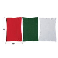 Three rectangular fabric samples in red, green, and white with measurements on a white background.