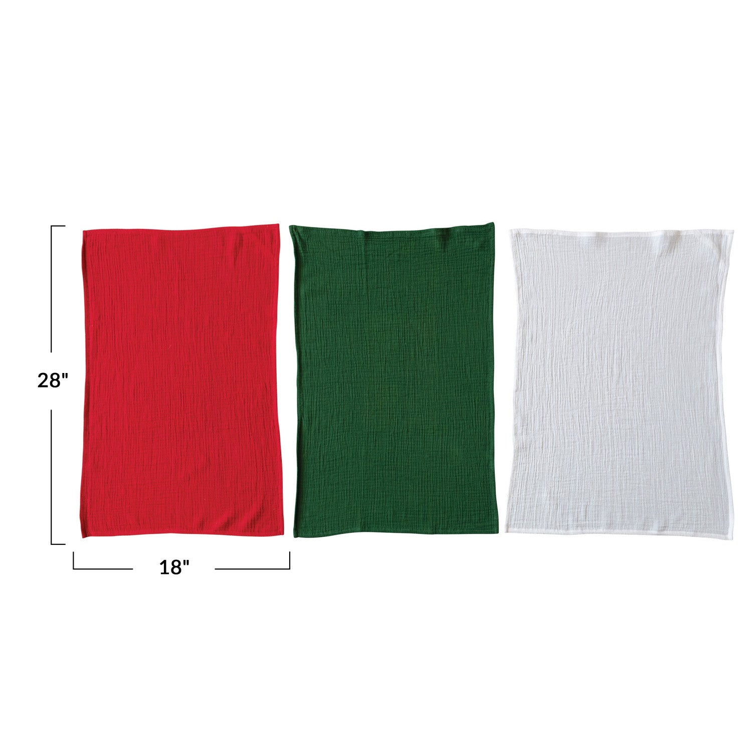Three rectangular fabric samples in red, green, and white with measurements on a white background.