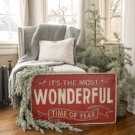 Cozy living room with a chair, blanket, and Christmas sign in a home setting.