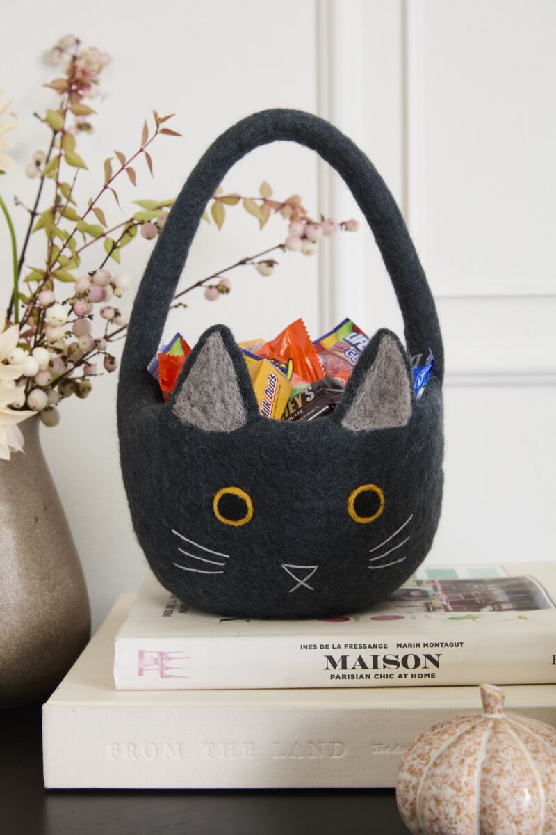 Black cat-shaped basket with colorful treats on top of books, against a white wall.