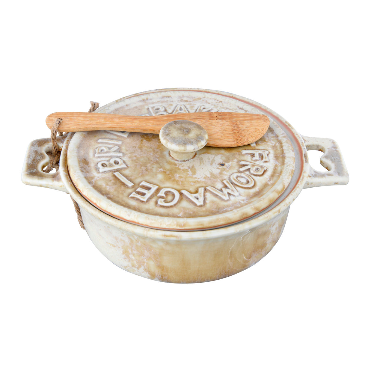 Ceramic bread loaf dish with wooden knife on a white background