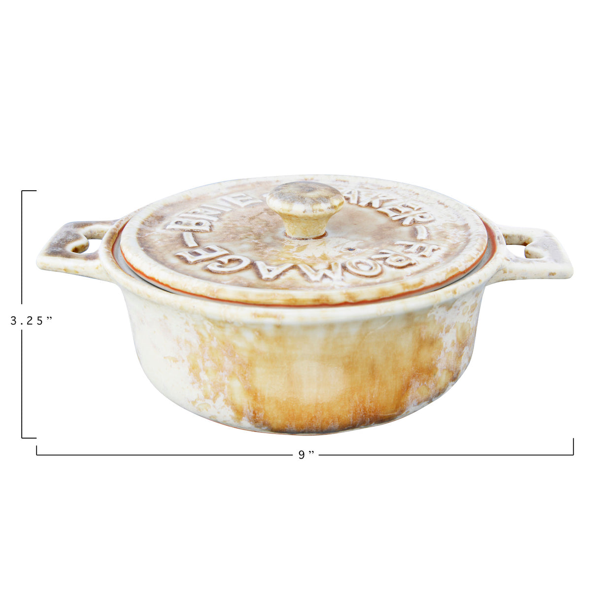 White ceramic baking dish with handles and embossed text on a white background