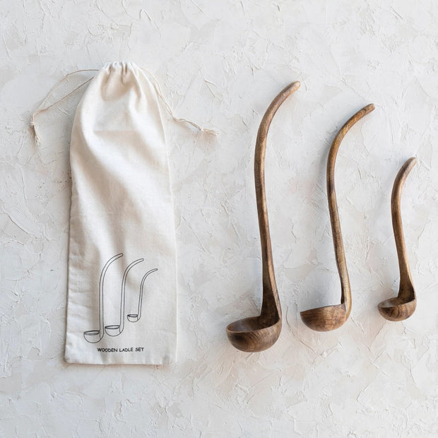 Mango Wood Ladles, Walnut Finish, Set of 3 in Printed Drawstring Bag