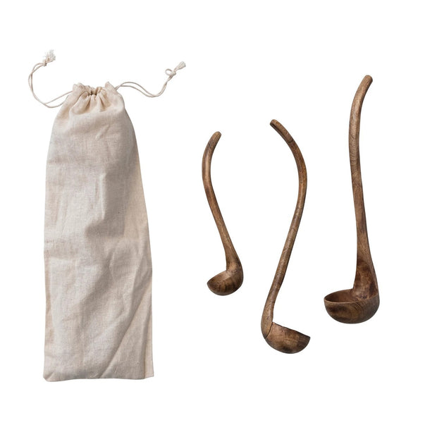 Mango Wood Ladles, Walnut Finish, Set of 3 in Printed Drawstring Bag