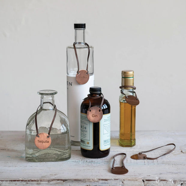 Metal Bottle Tag w/ Leather Tie, Set of 6 in Printed Drawstring Bag