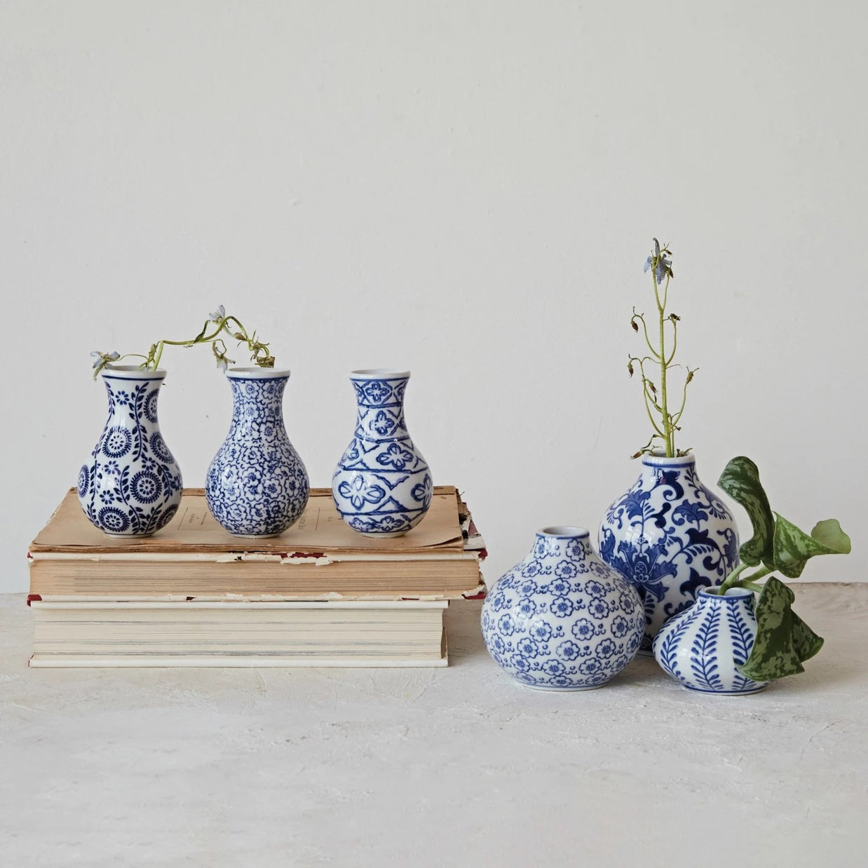 Blue and White Stoneware Vases - Medium