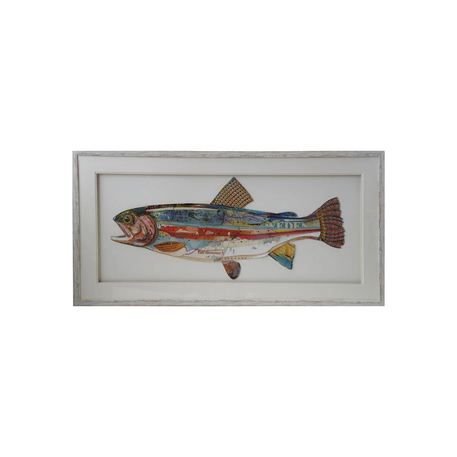 Framed Shadow Box Wall Decor with Paper Collage Fish